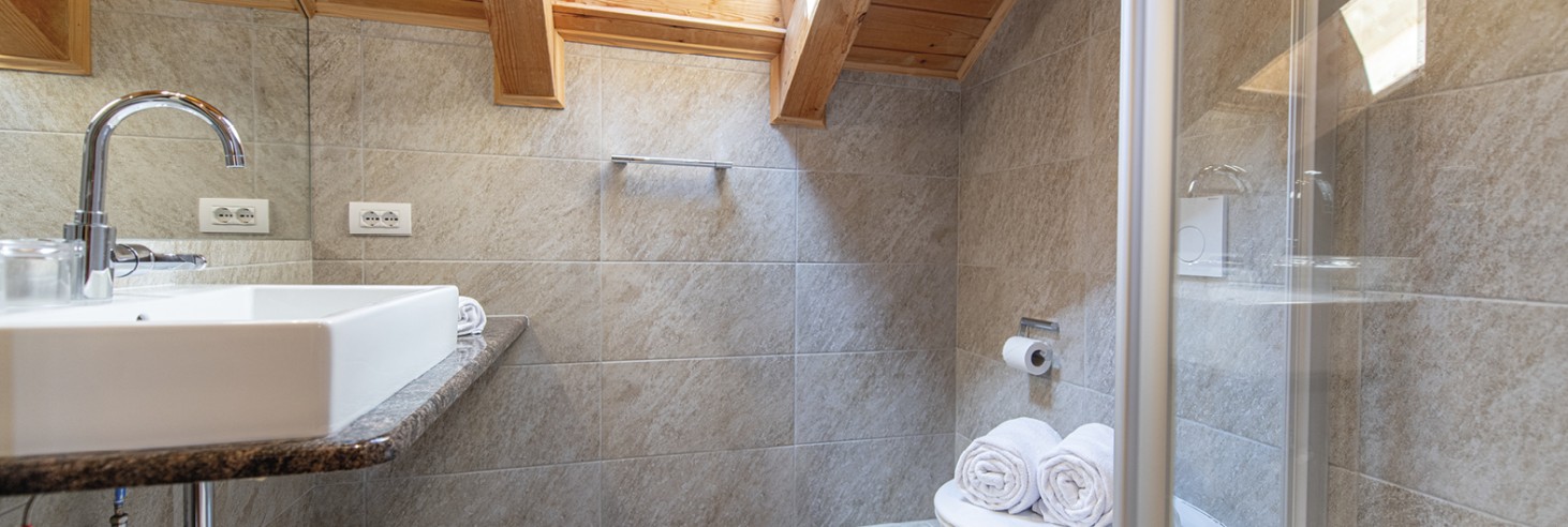 Rifugio Molignon Alm di Siusi | Rifugio romantico allo stato puro: Vivete la natura e la sicurezza nel nostro rifugio La foto mostra il bagno con lavandino, doccia e servizi igienici.