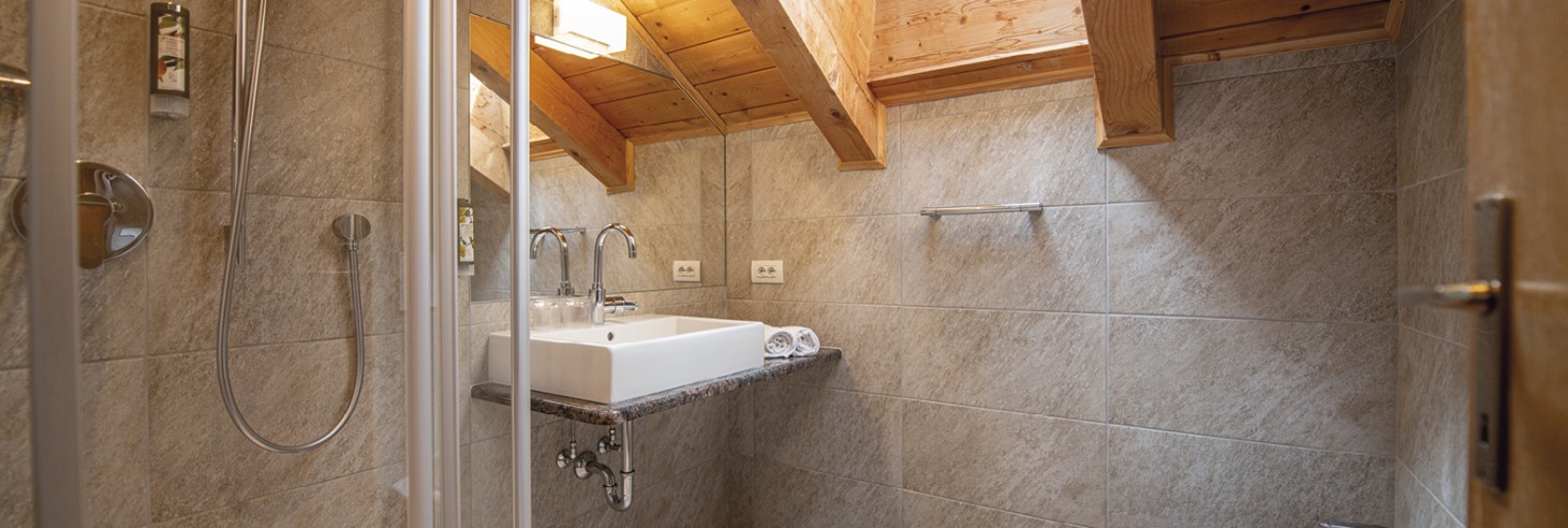 Rifugio Molignon Alpe di Siusi | Vivere i tesori dell’Alto Adige sotto le stelle La foto mostra il bagno con doccia, lavandino, wc e bidet.