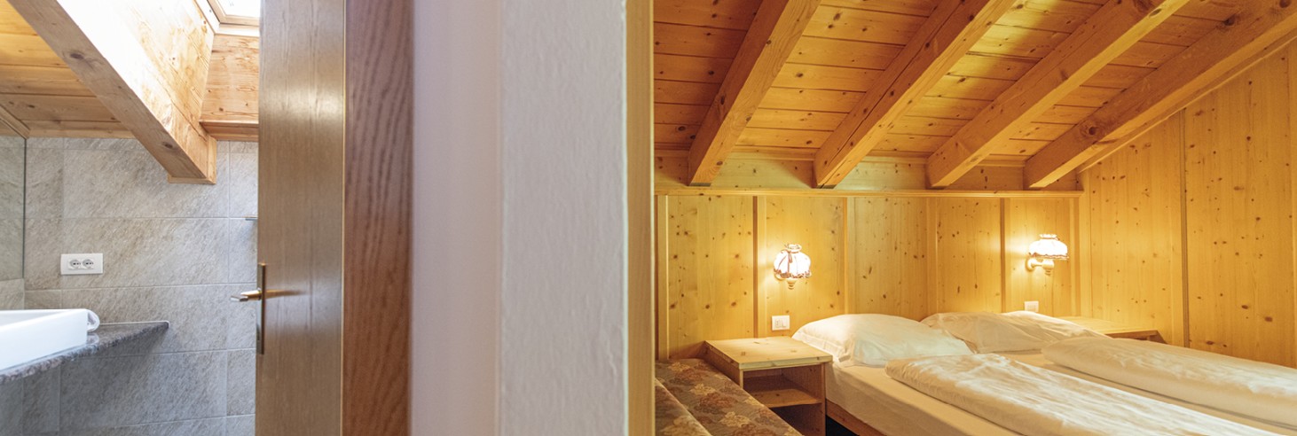 Rifugio Molignon Alpe di Siusi | Godetevi l'Alpe di Siusi e il panorama delle Dolomiti La foto mostra una metà il bagno e l'altra metà la camera da letto. Il bagno è modernamente attrezzato con grandi flussi. La camera da letto mostra il letto matrimoniale e un divano.