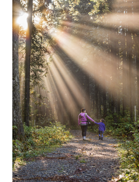 Rifugio Molignon Alpe di Siusi | Divertimento per famiglie nella natura: escursioni con i bambini facili L'immagine mostra una famiglia su una strada forestale in un bosco.