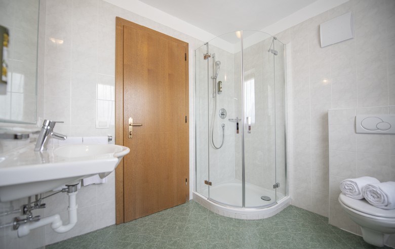 La foto mostra il bagno. Si vede la doccia, il bagno e il lavandino.