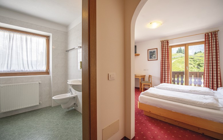 La foto mostra la camera doppia Platt- e Longkofel. C'è una piccola occhiata al bagno e alla camera da letto. Camera con balcone e moquette.